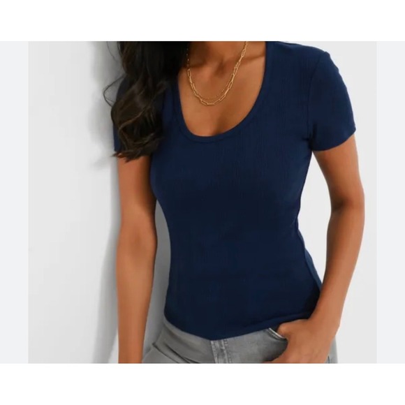 Tuckernuck Navy Ribbed Scoop Neck Short Sleeve Tee Shirt Medium NWT Preppy - Picture 6 of 6